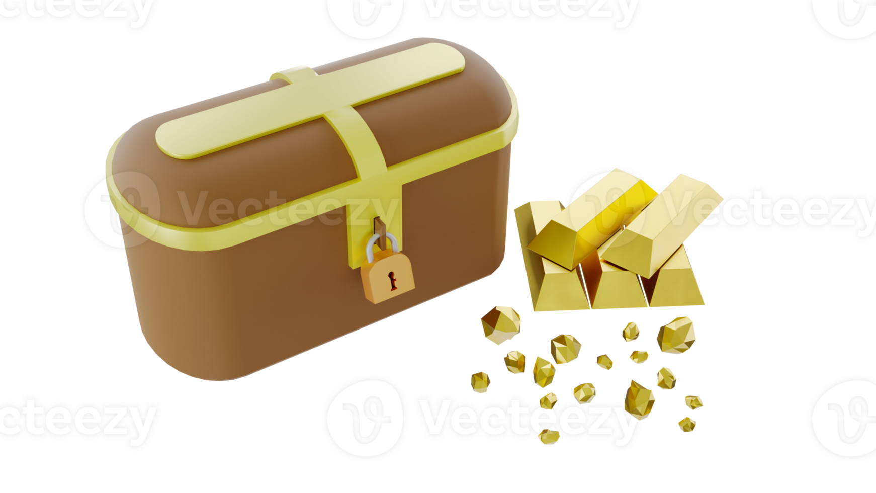 3D rendering of fantasy treasure box with gold bars and ore png