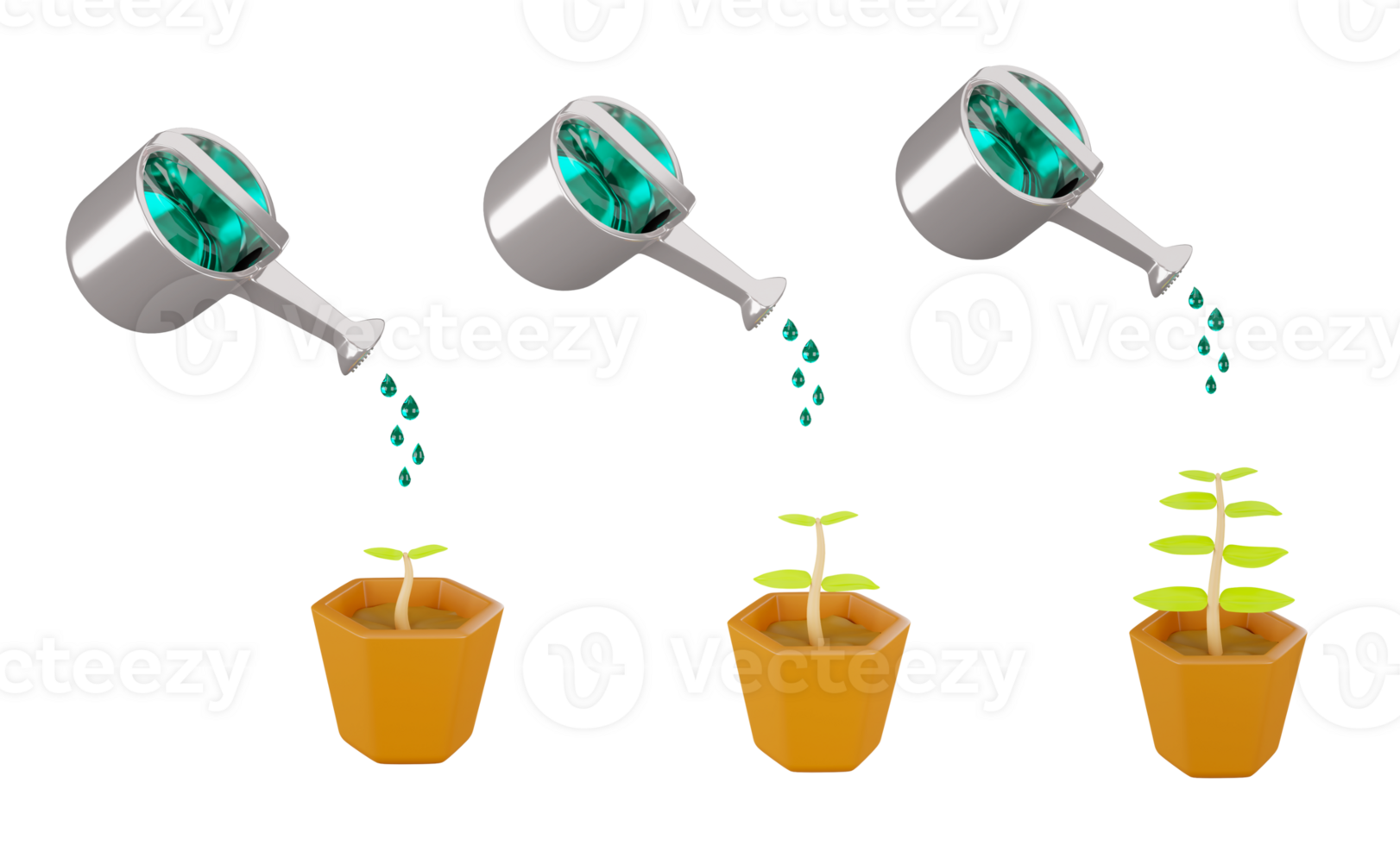 3D rendering of watering can with tree growth plant pot, gardening concept, farming work tools png