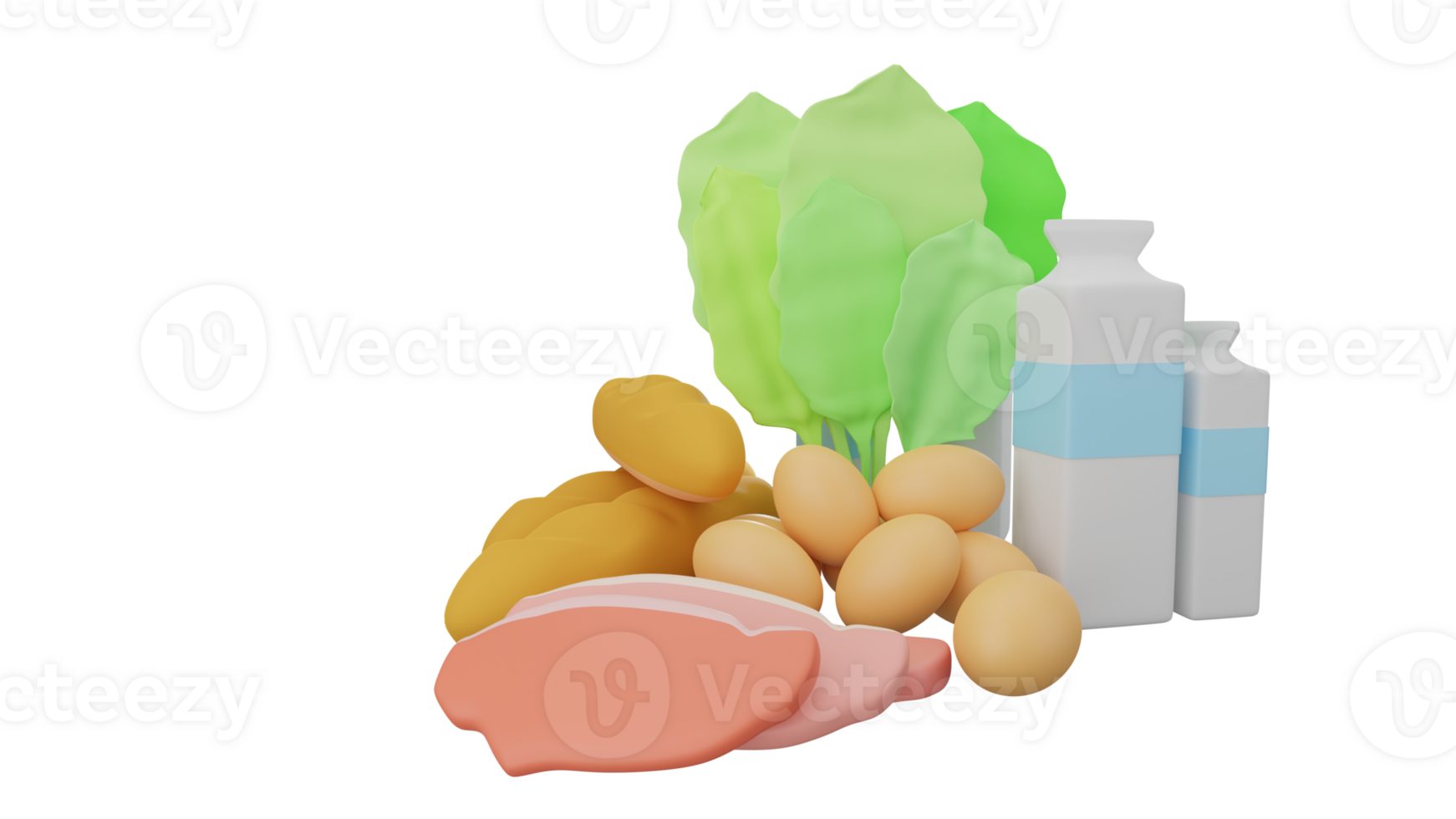 3D rendering of healthy food, eggs, milk, bread, vegetable, meat, raw food for dietary png