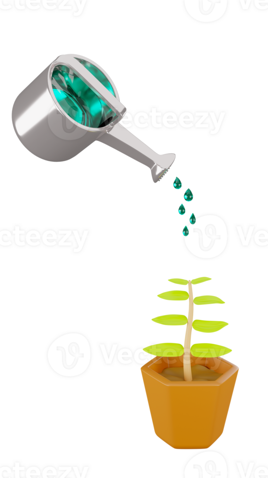 3D rendering of watering can with tree growth plant pot, gardening concept, farming work tools png