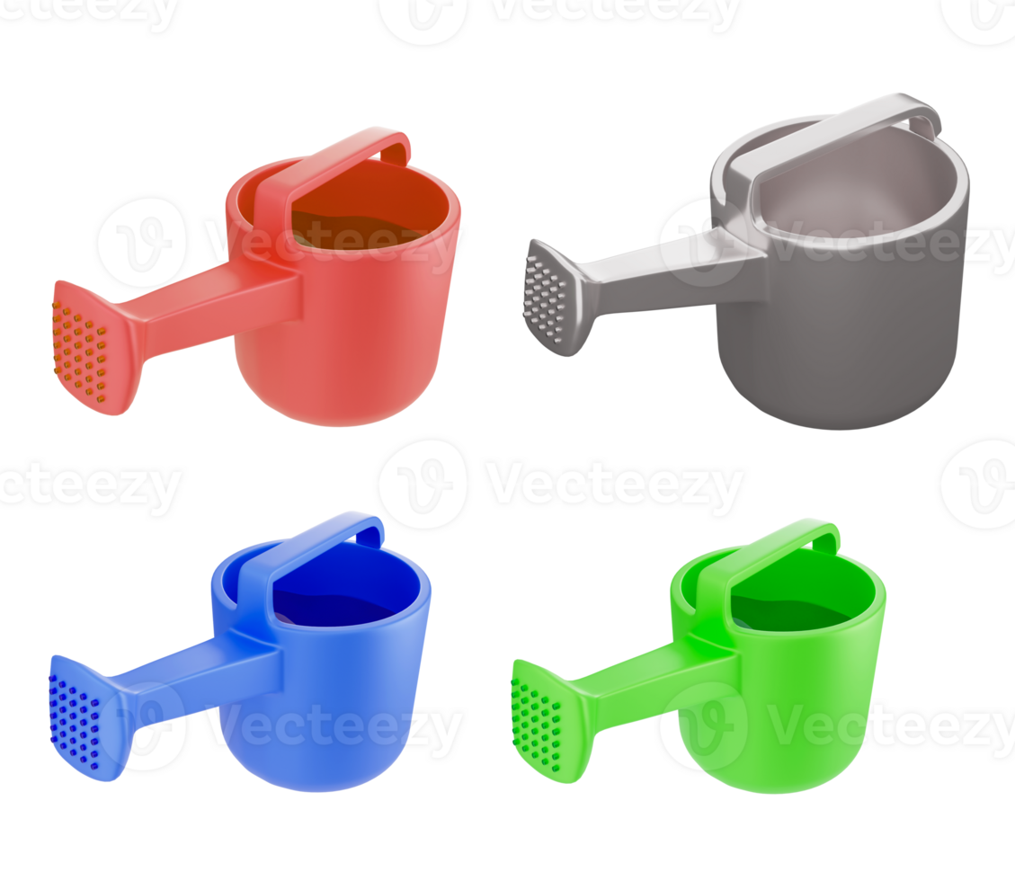 3D rendering of watering can in many colors, gardening tools, farming equipment png
