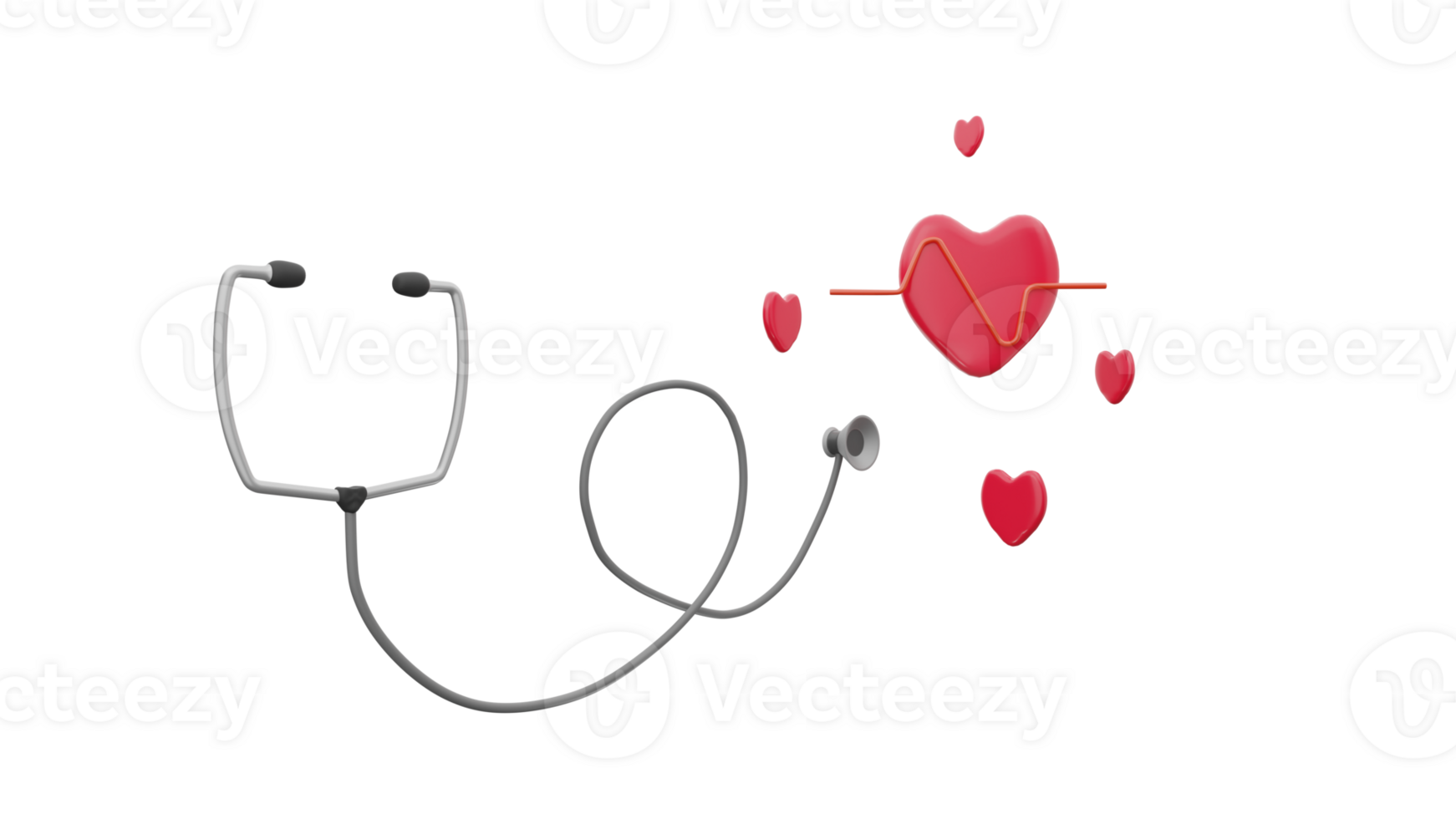 3D rendering of stethoscope with heart, heartbeat, pulse on white png