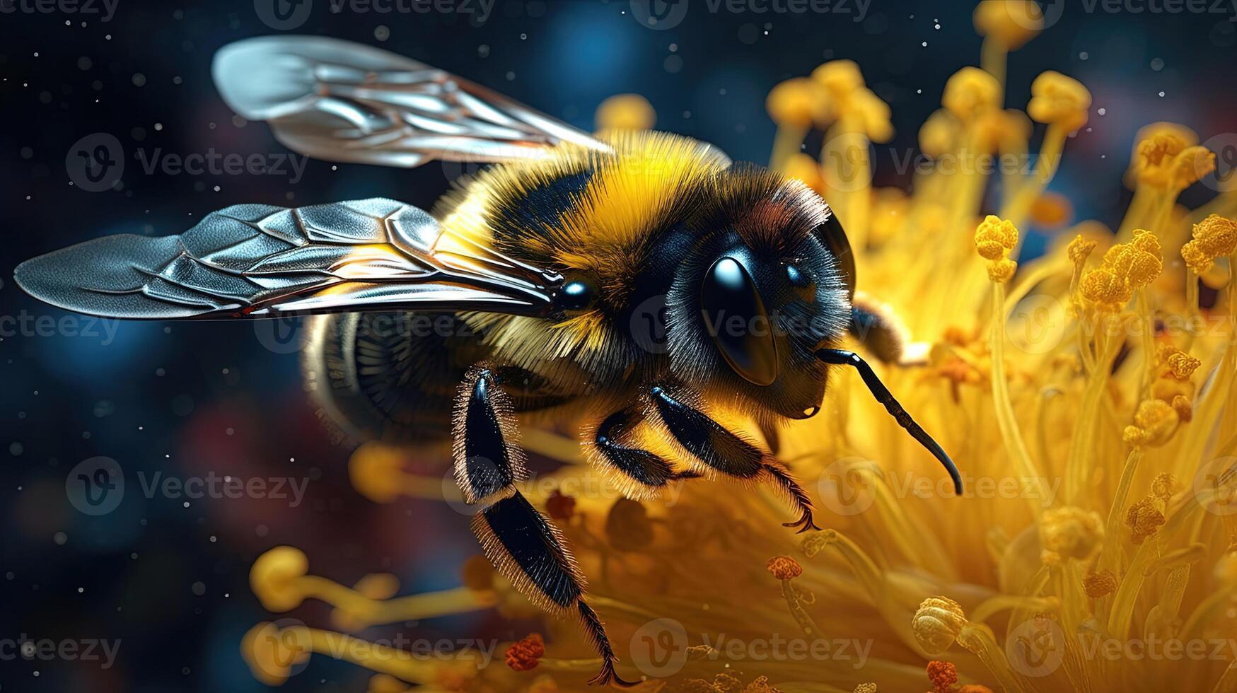 Bumble Bee Delight, yellow flower pollen explosion. photo