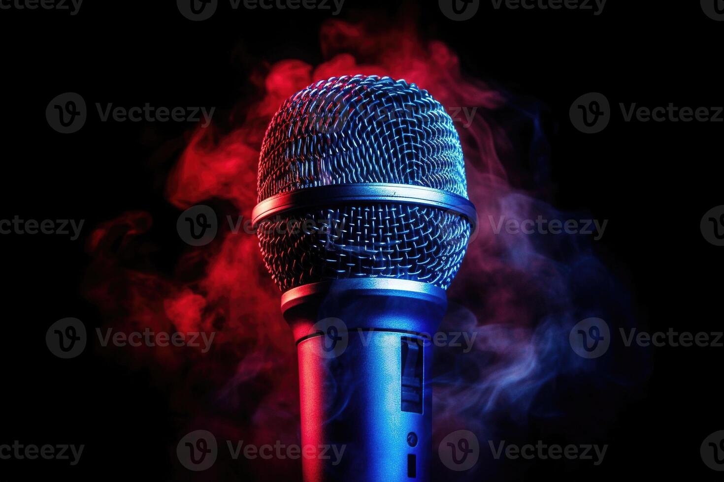 A Professional microphone engulfed in swirling red and blue smoke on a black background. photo