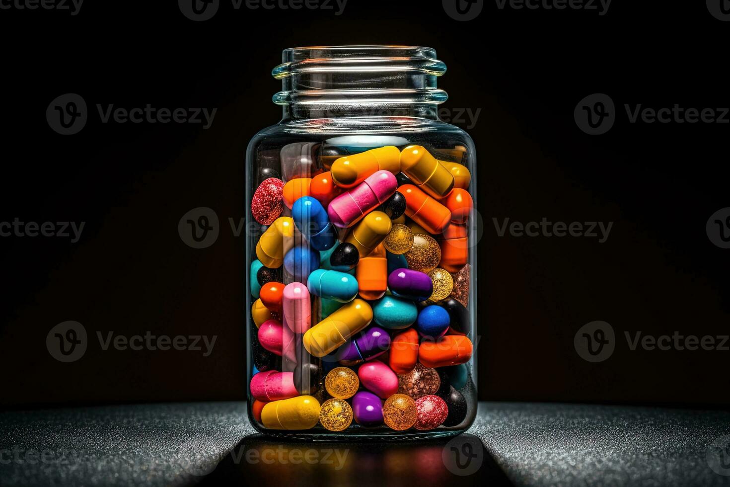 Multi colored pill on jar dark background. medicine, capsule, drug, health care, pills. AI Generated photo