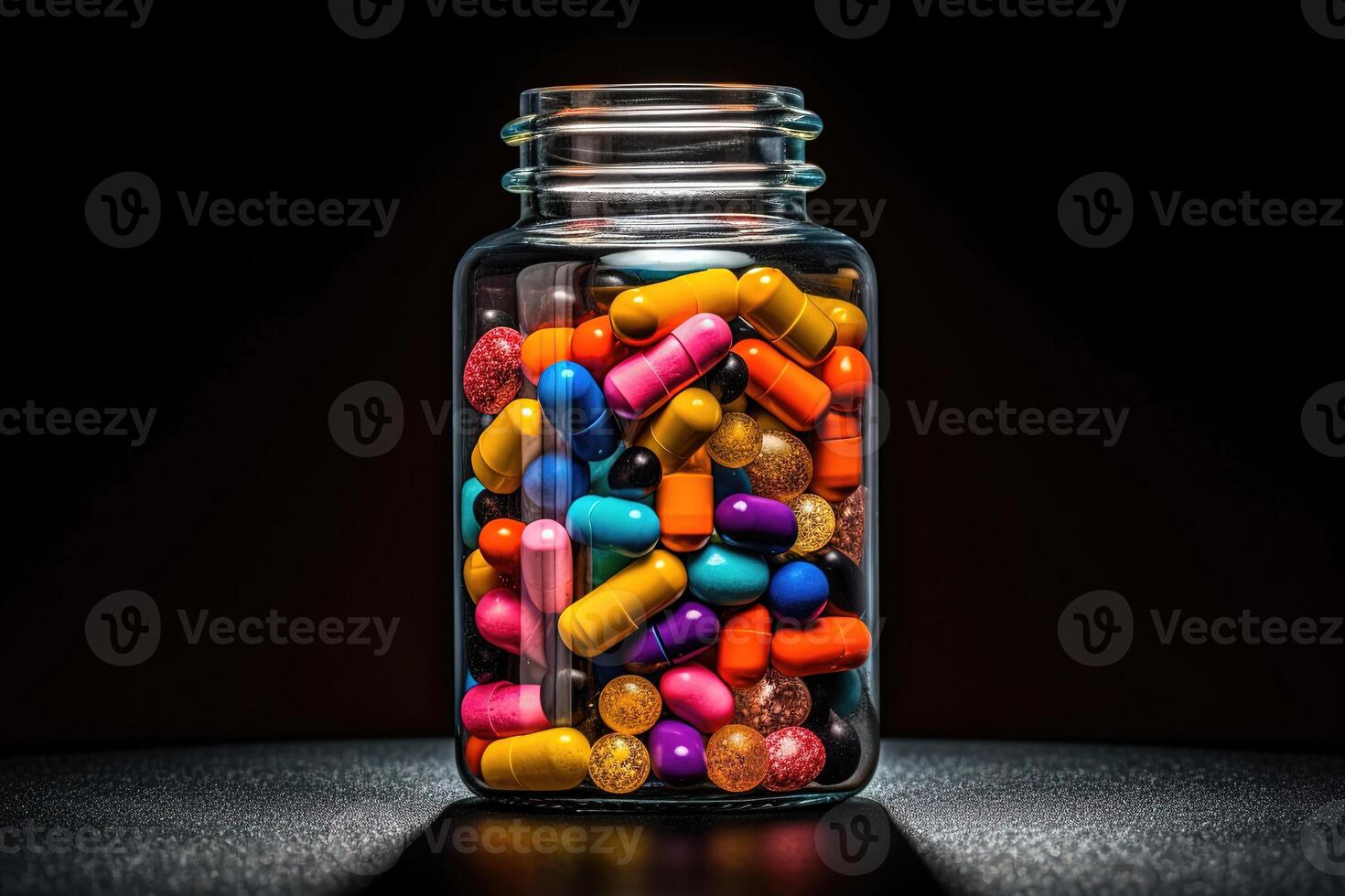 Multi colored pill on jar dark background. medicine, capsule, drug, health care, pills. photo