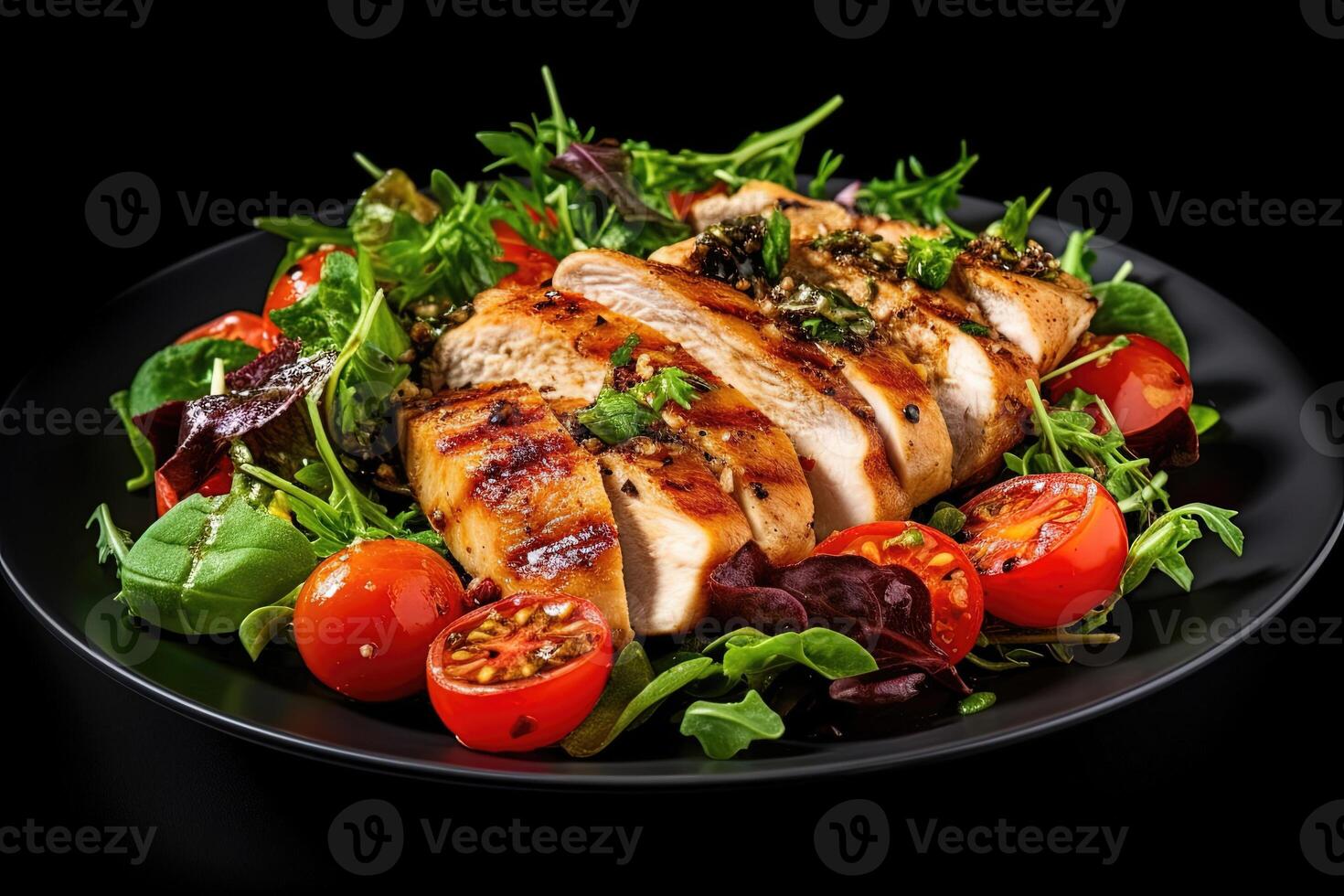 Grilled Chicken Breast and Fresh Green Salad. A Delightful Combination of Crisp Vegetables, arugula, Tomatoes, and Olives on a Black Background. photo