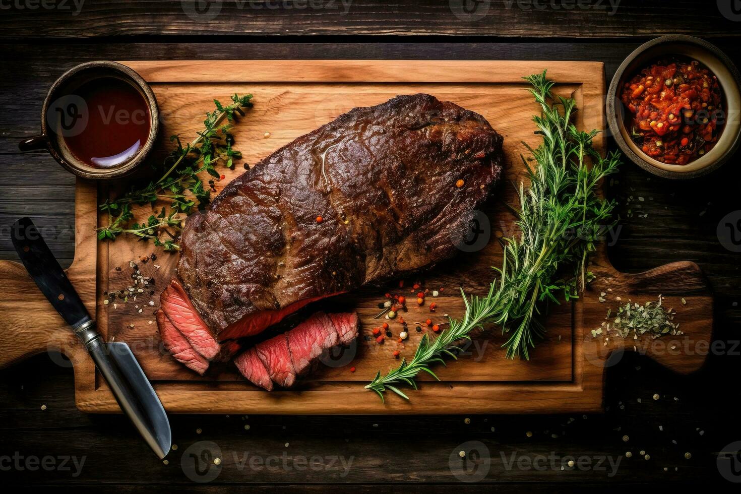 A rustic design board presents a top view of a Traditional American barbecue bavette steak with salt and pepper. AI Generated photo