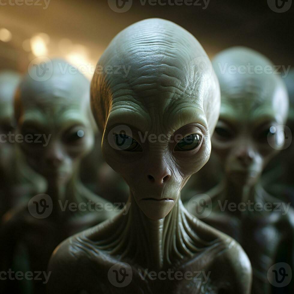 humanoide extranjeros de cerca. un grupo de extranjeros en un oscuro antecedentes. extraterrestre seres con grande ojos. foto