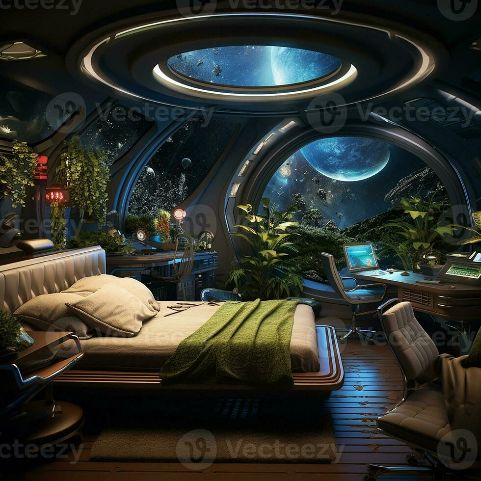 Spacecraft cockpit interior with a view of space and planet.Spaceship. Sci-Fi Mission Control. photo