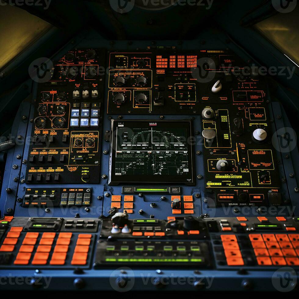Alien spaceship control panel. Sci-Fi Mission Control. Cabin of the future. photo