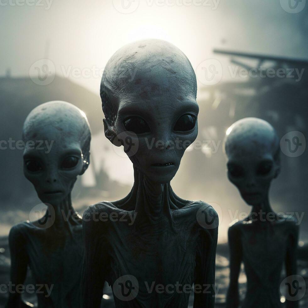 A group of aliens on a gray background. Alien beings with big eyes. photo