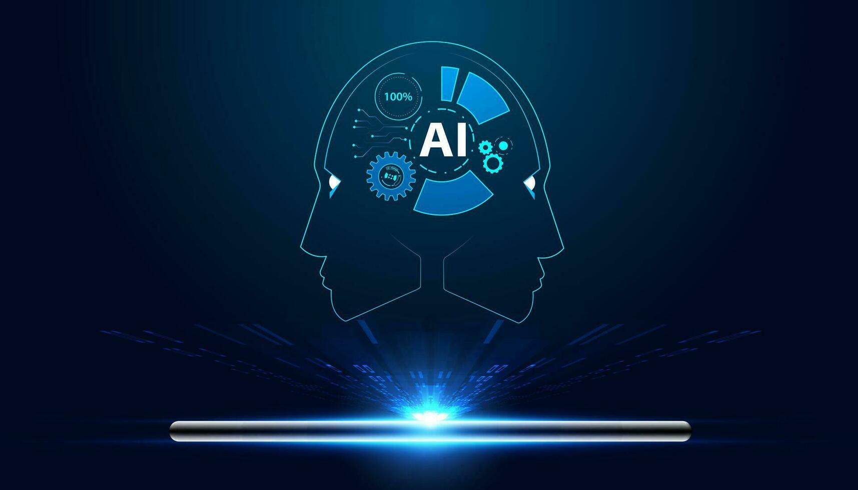 Abstract phone and ai artificial intelligence concept illusion hologram illustration of two faces ai on phone on blue background modern high tech vector