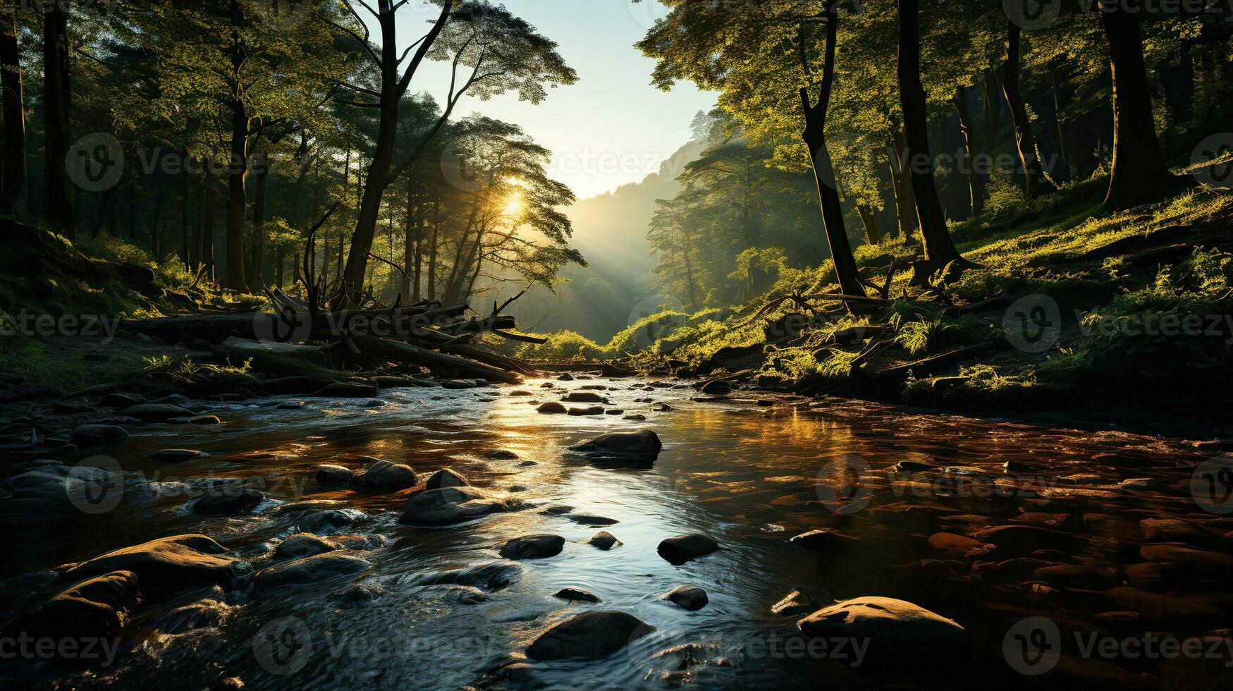 Magic forest in fog and stream. Created with Generative AI photo