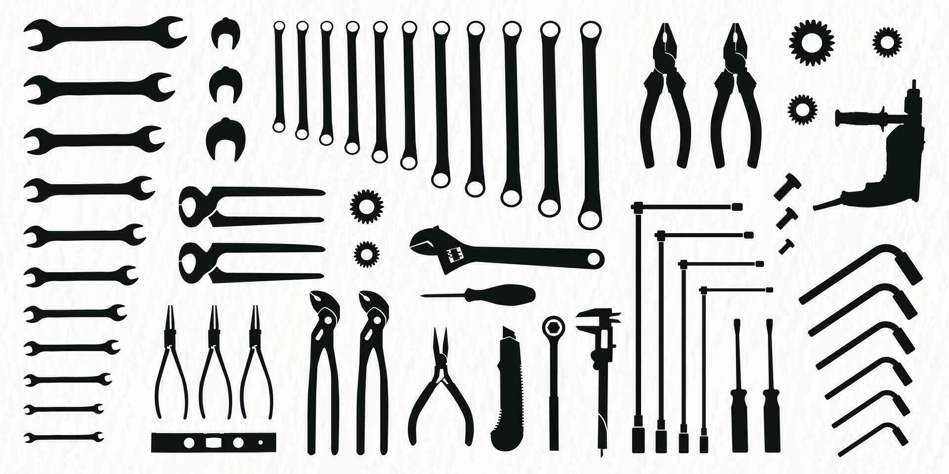 vector silueta conjunto de construcción herramientas para labor trabajo y reparar