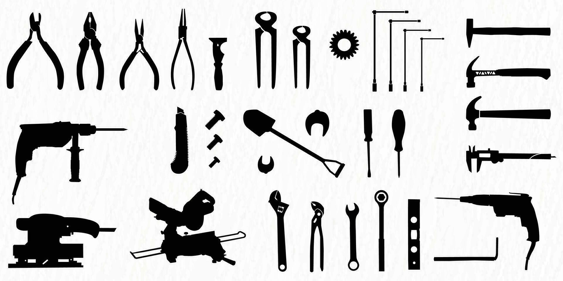 Vector silhouette set of construction tools for labor work and repair