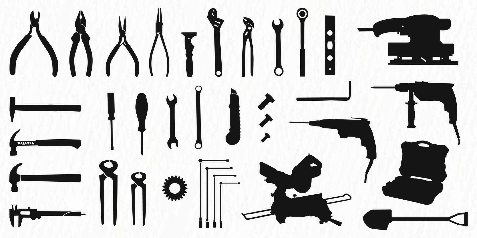 Vector silhouette set of construction tools for labor work and repair