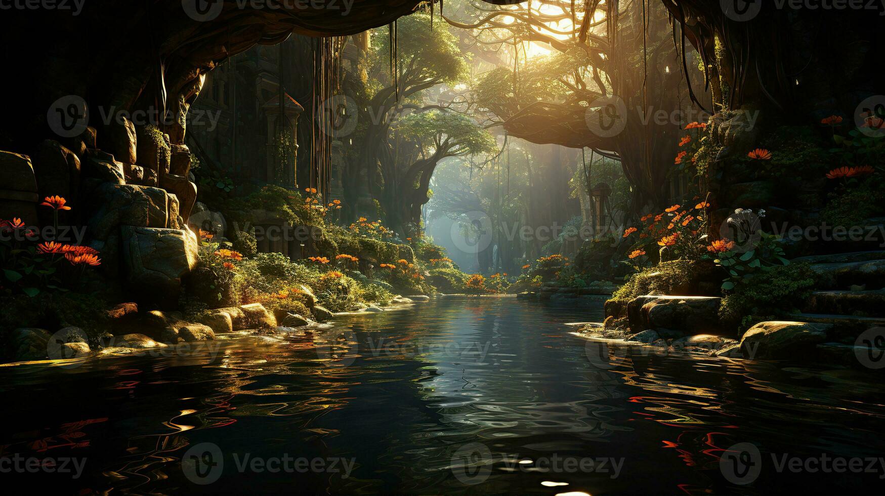 Magic forest in fog and stream. Created with Generative AI photo