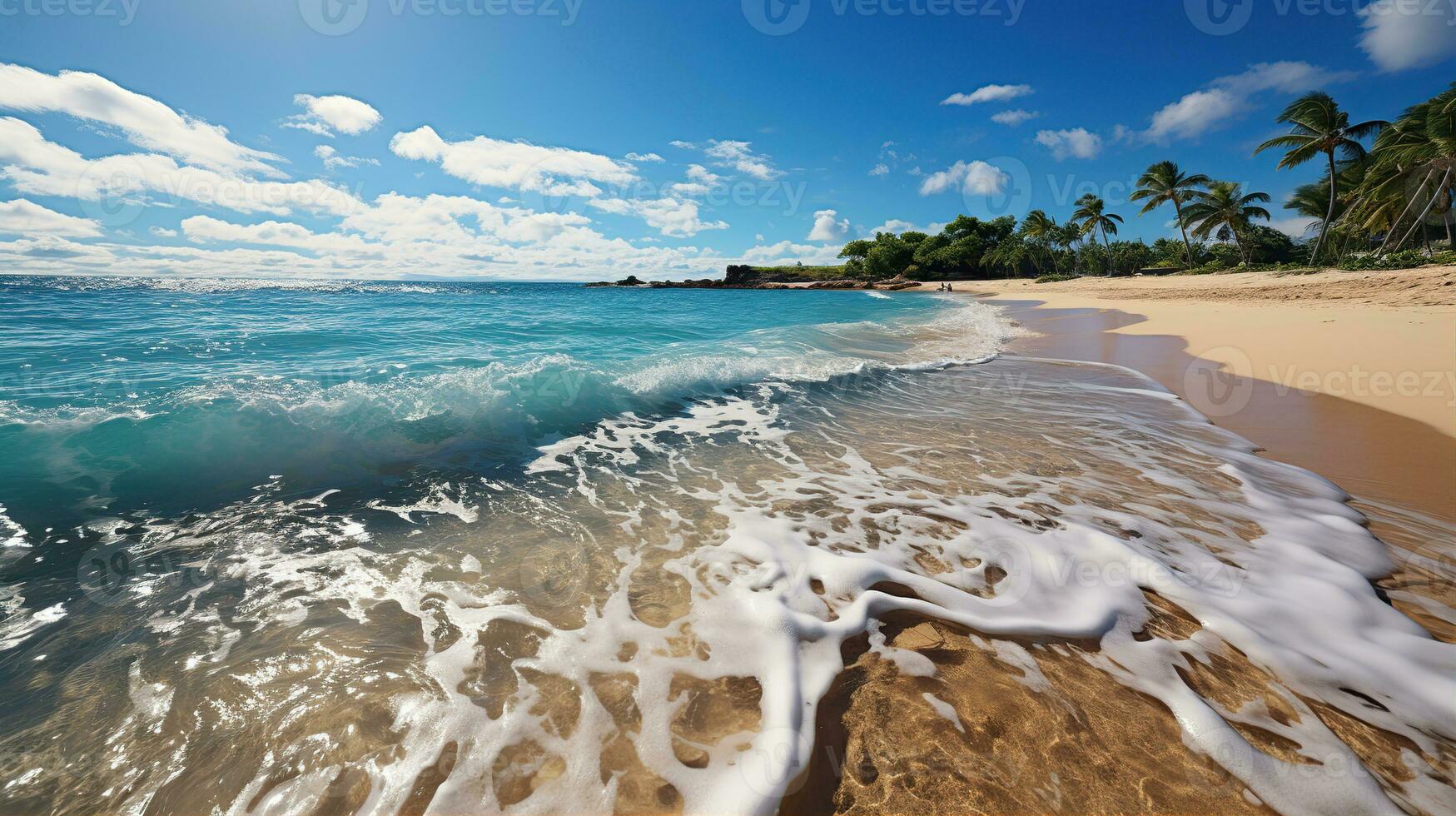 White sandy beach on a tropical island and clear sea. Paradise secluded island. Created with Generative AI photo