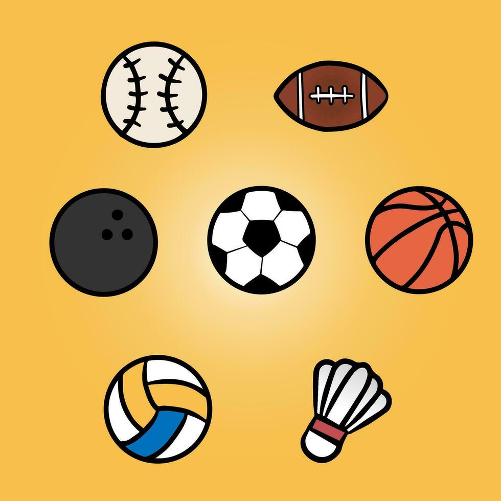 sport balls outline basketball, bowling, rugby, badminton, baseball, volleyball, football, soccer. vector