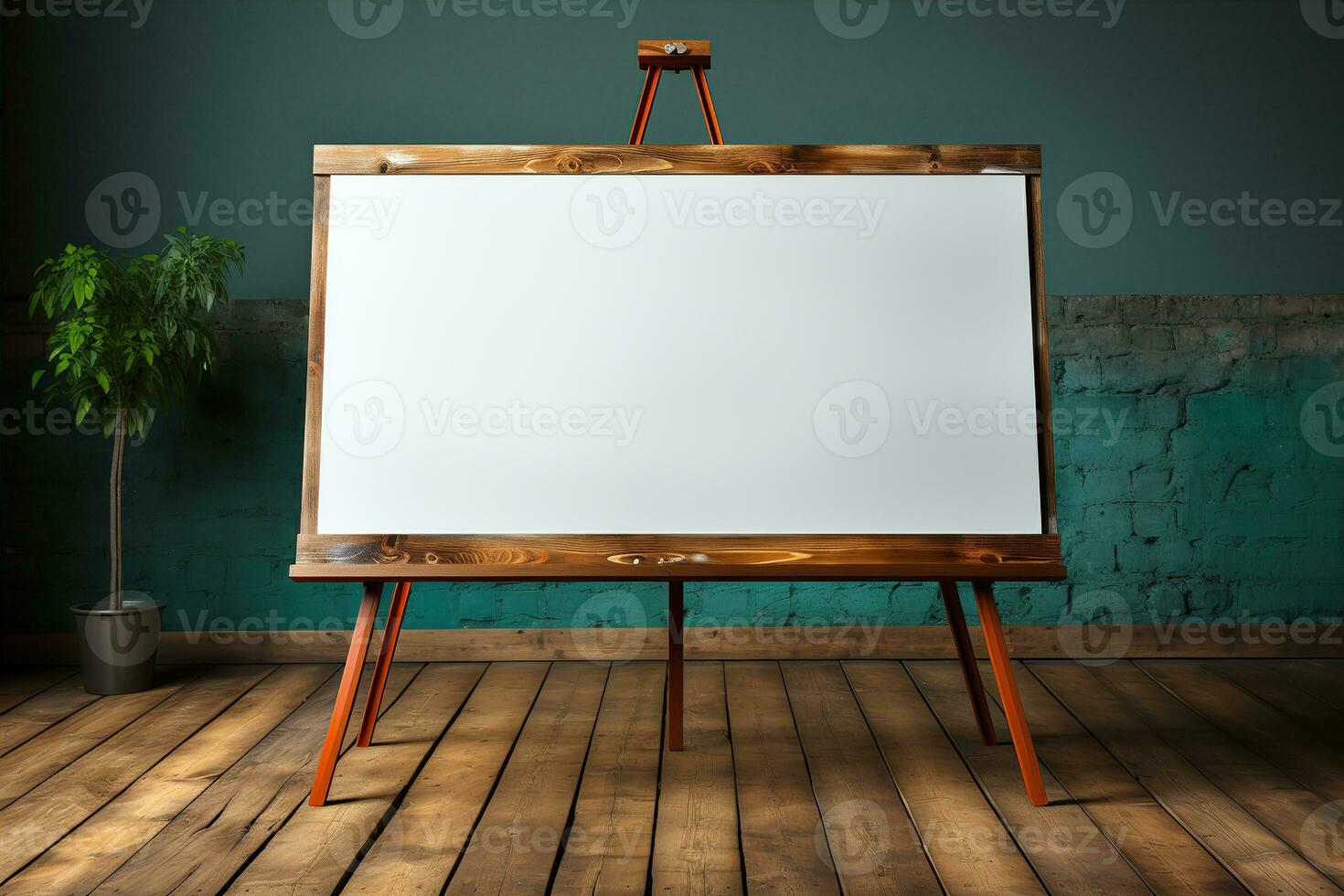 Whiteboard for markers on wooden floor. Created with Generative AI photo