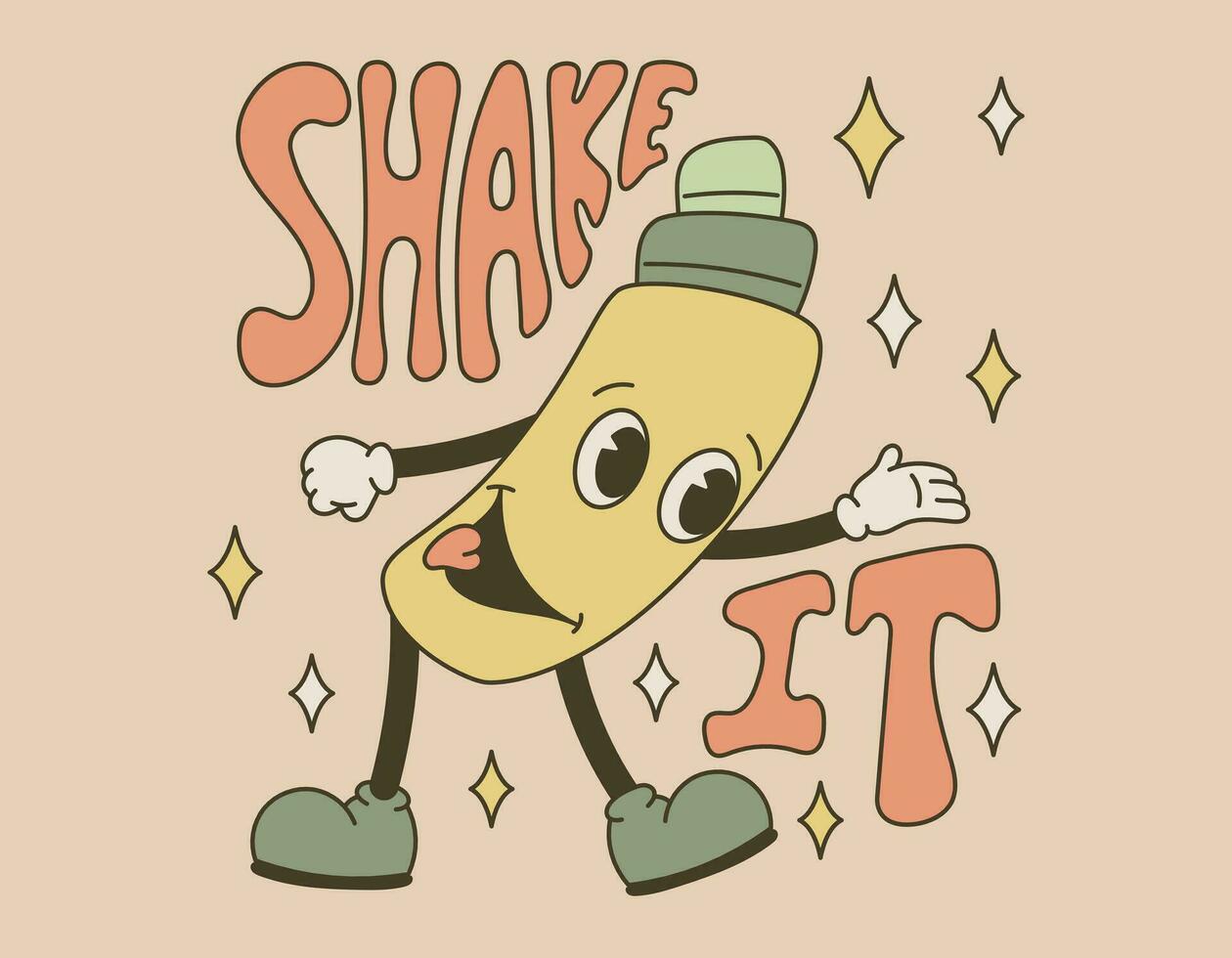Groove lettering by hand Shake it. Funny character dancing shaker for making alcoholic cocktails. Vector isolated old cartoon retro illustration.