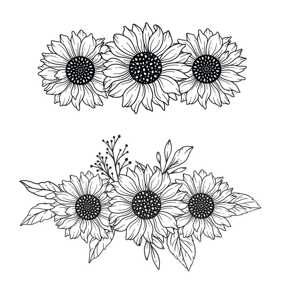 Sunflowers Line Art, Fine Line Sunflower Bouquets Hand Drawn
