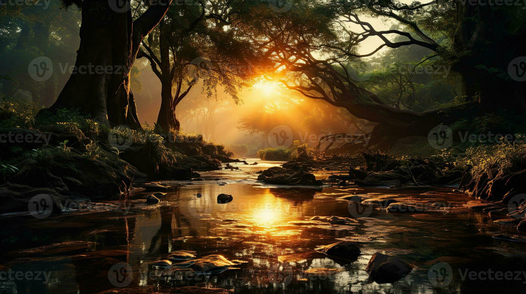 Magic forest in fog and stream. Created with Generative AI photo
