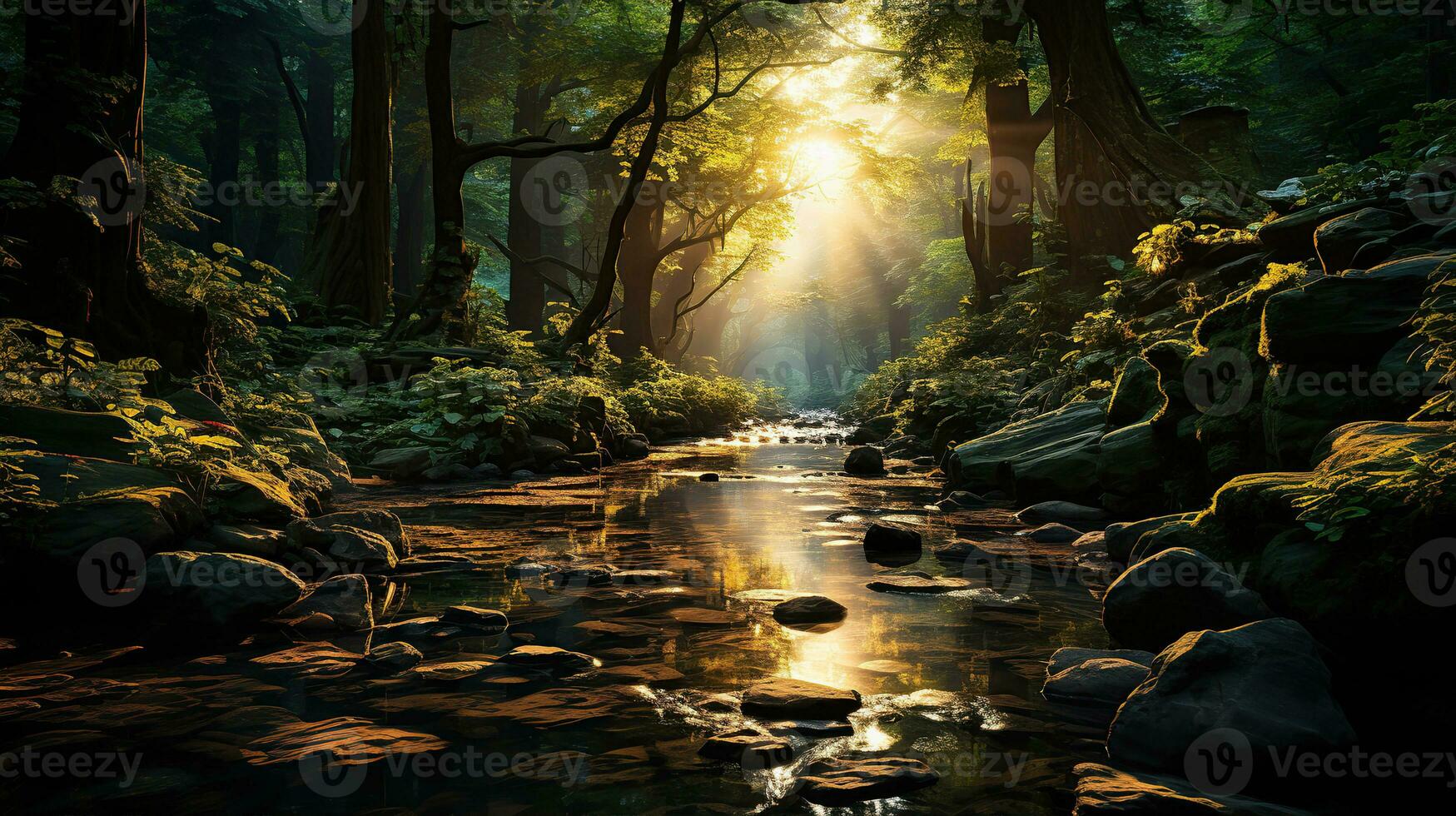 Magic forest in fog and stream. Created with Generative AI photo