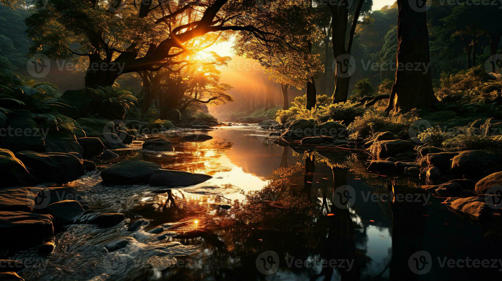 Magic forest in fog and stream. Created with Generative AI photo