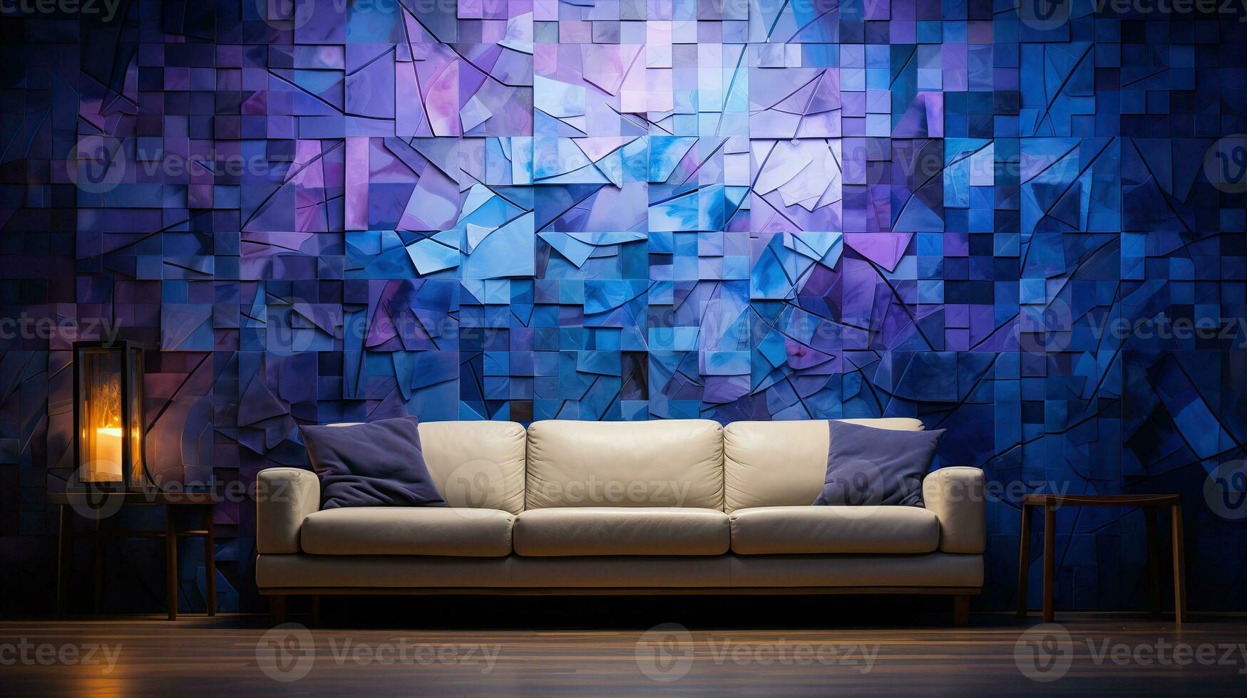Interior of modern living room in Lilac violet purples tone. Modern designer furniture in purples. Created with Generative AI photo