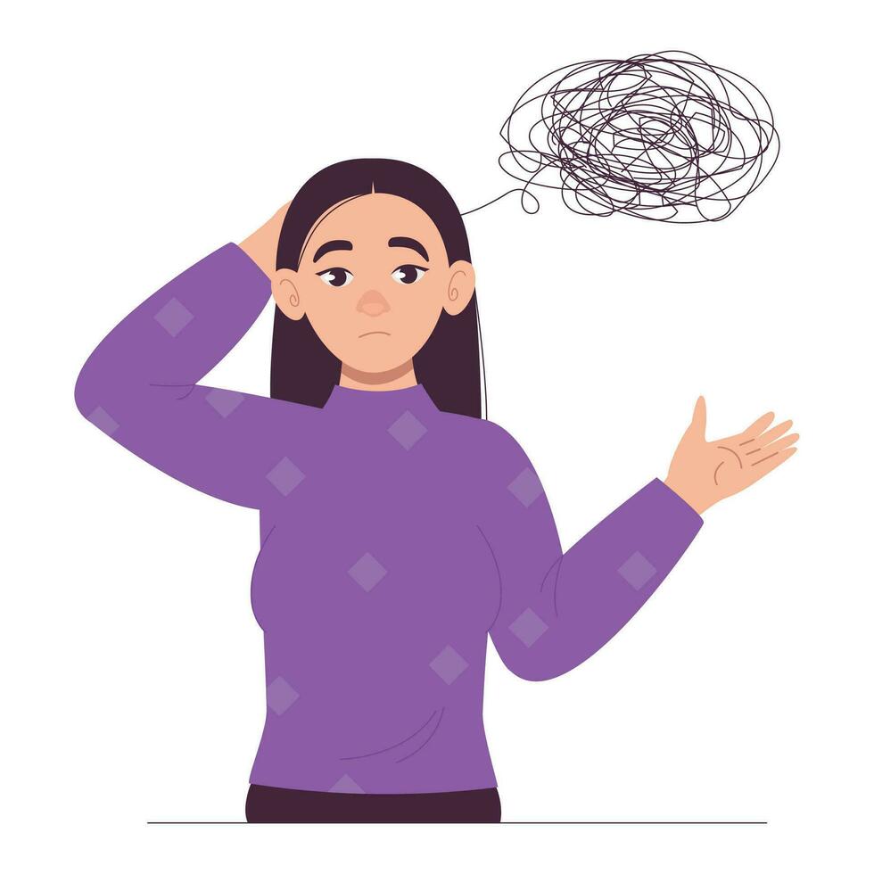 Woman thought. Confused thoughts. Problems. Overthinking. Vector graphic.