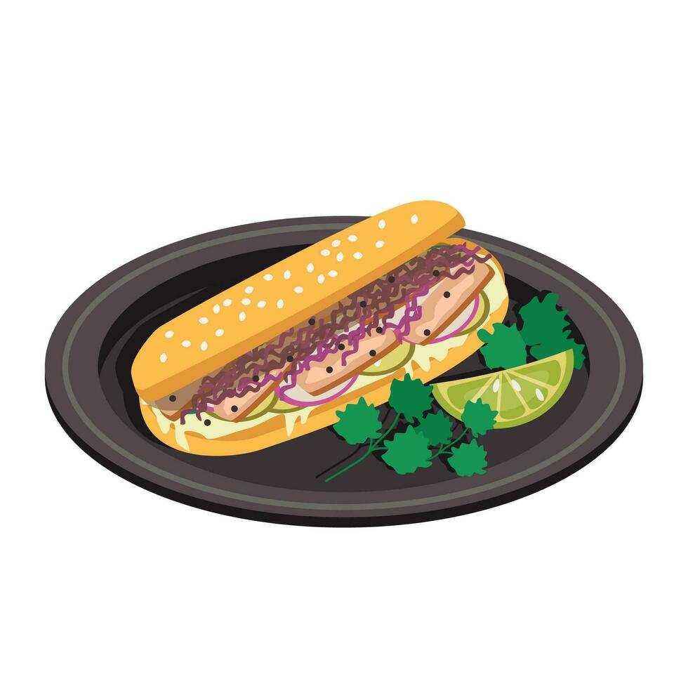 banh mi. junquillo con carne y vegetales. vector gráfico.