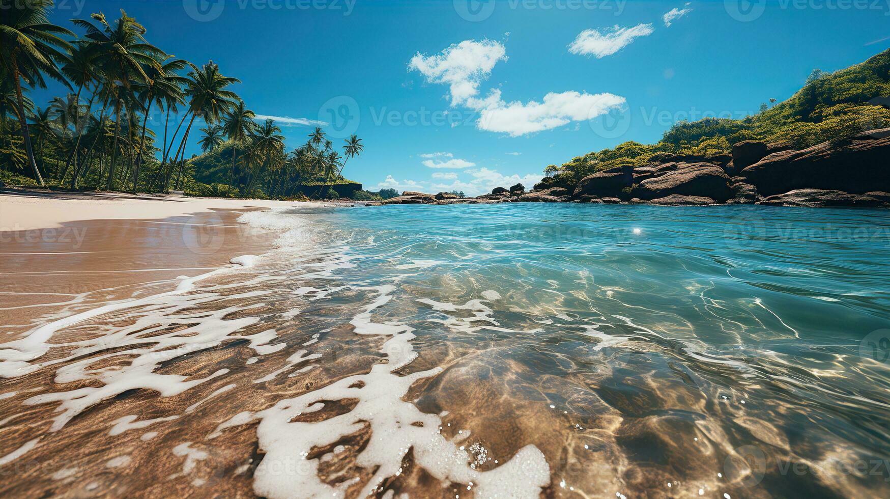 White sandy beach on a tropical island and clear sea. Paradise secluded island. Created with Generative AI photo