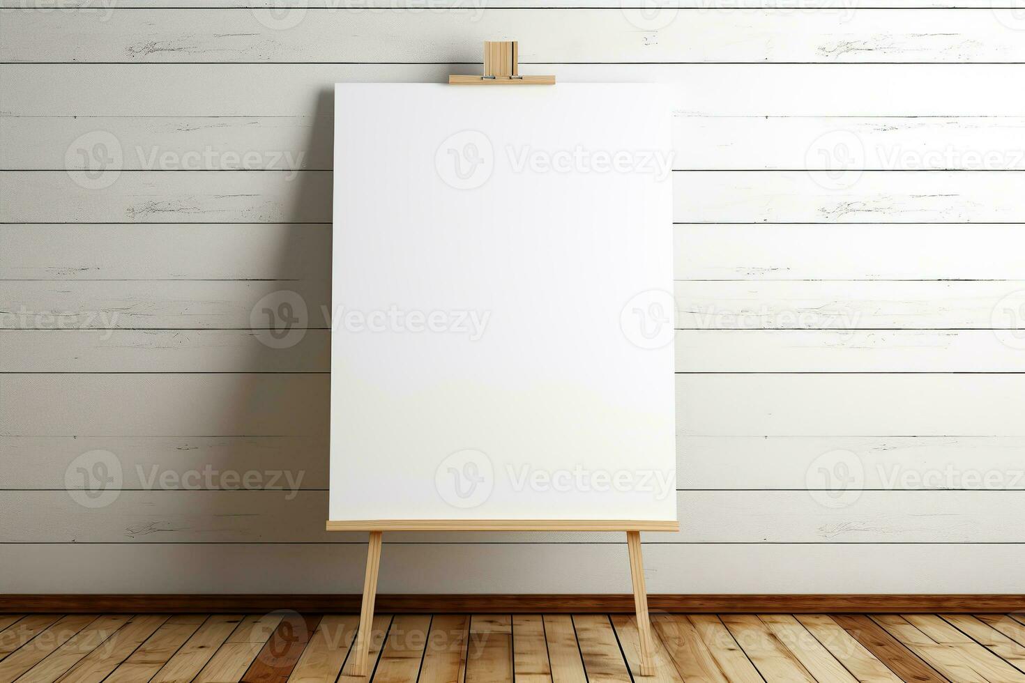 Whiteboard for markers on wooden floor. Created with Generative AI photo