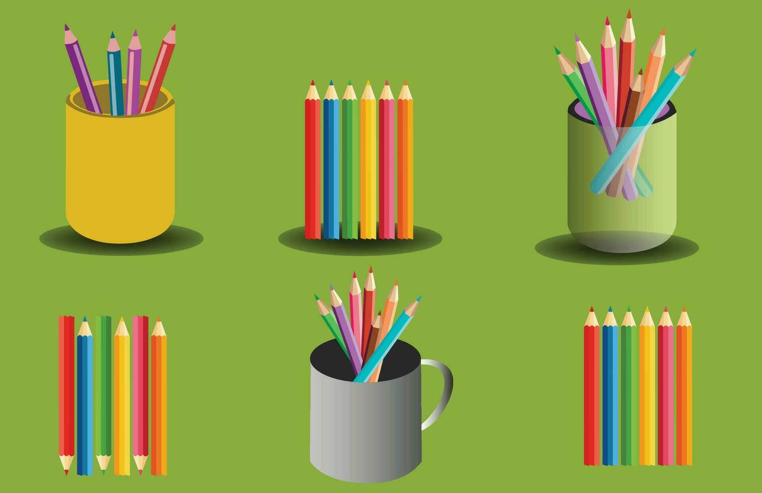 Short colored pencils set in various colors, mini colored pencils, pencils set with mog cup colour. vector