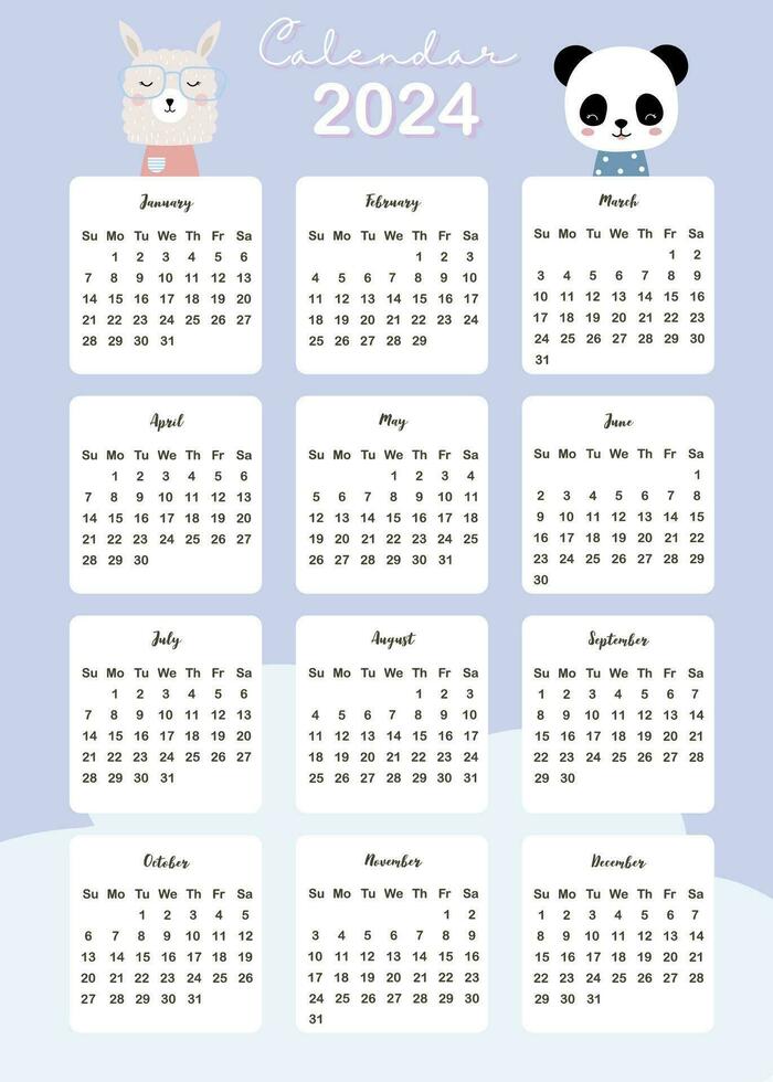 2024 table calendar week start on Sunday with animal that use for vertical digital and printable A4 A5 size vector