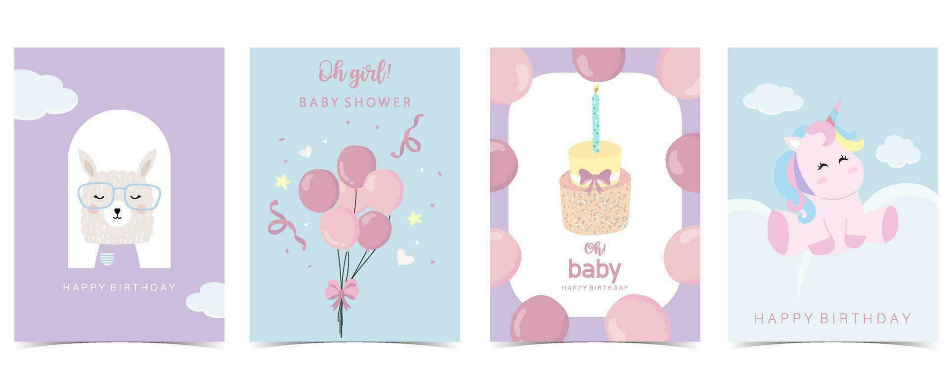 bebé ducha invitación tarjeta para niña con globo, nube, cielo, rosa, unicornio vector