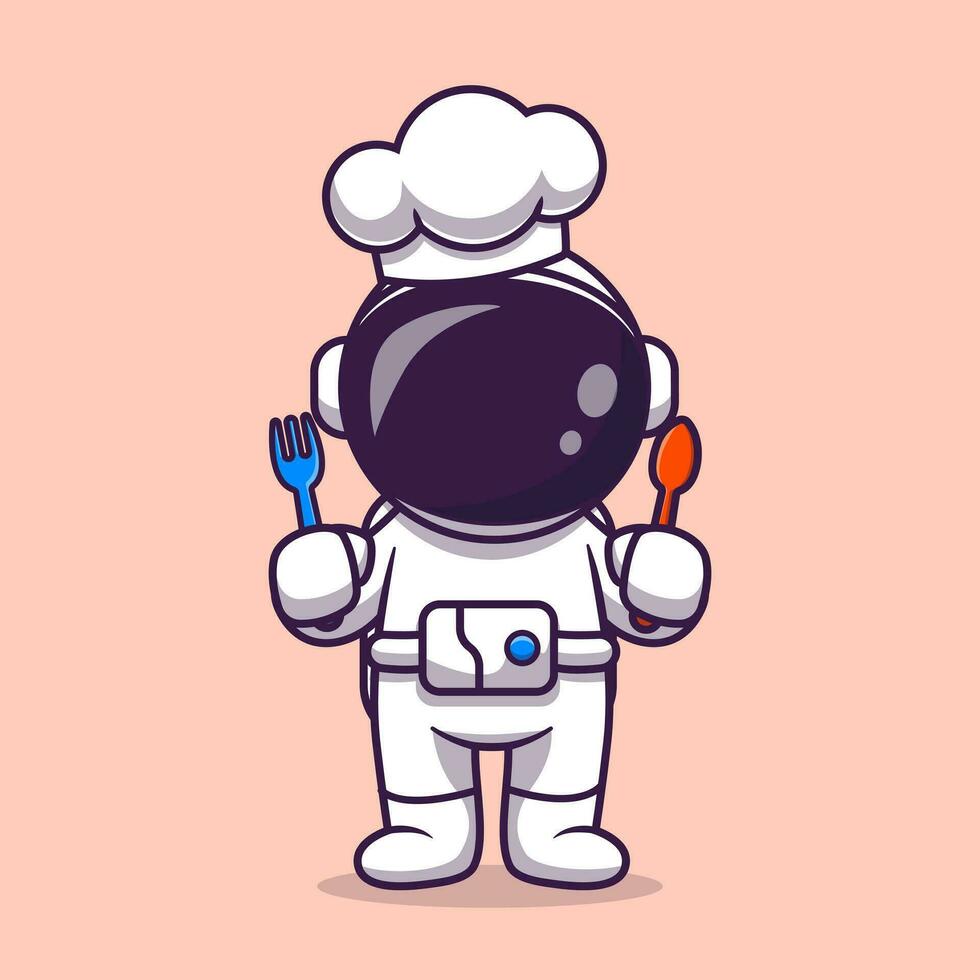 linda astronauta cocinero con tenedor y cuchara dibujos animados vector icono ilustración. Ciencias profesión icono concepto aislado prima vector. plano dibujos animados estilo