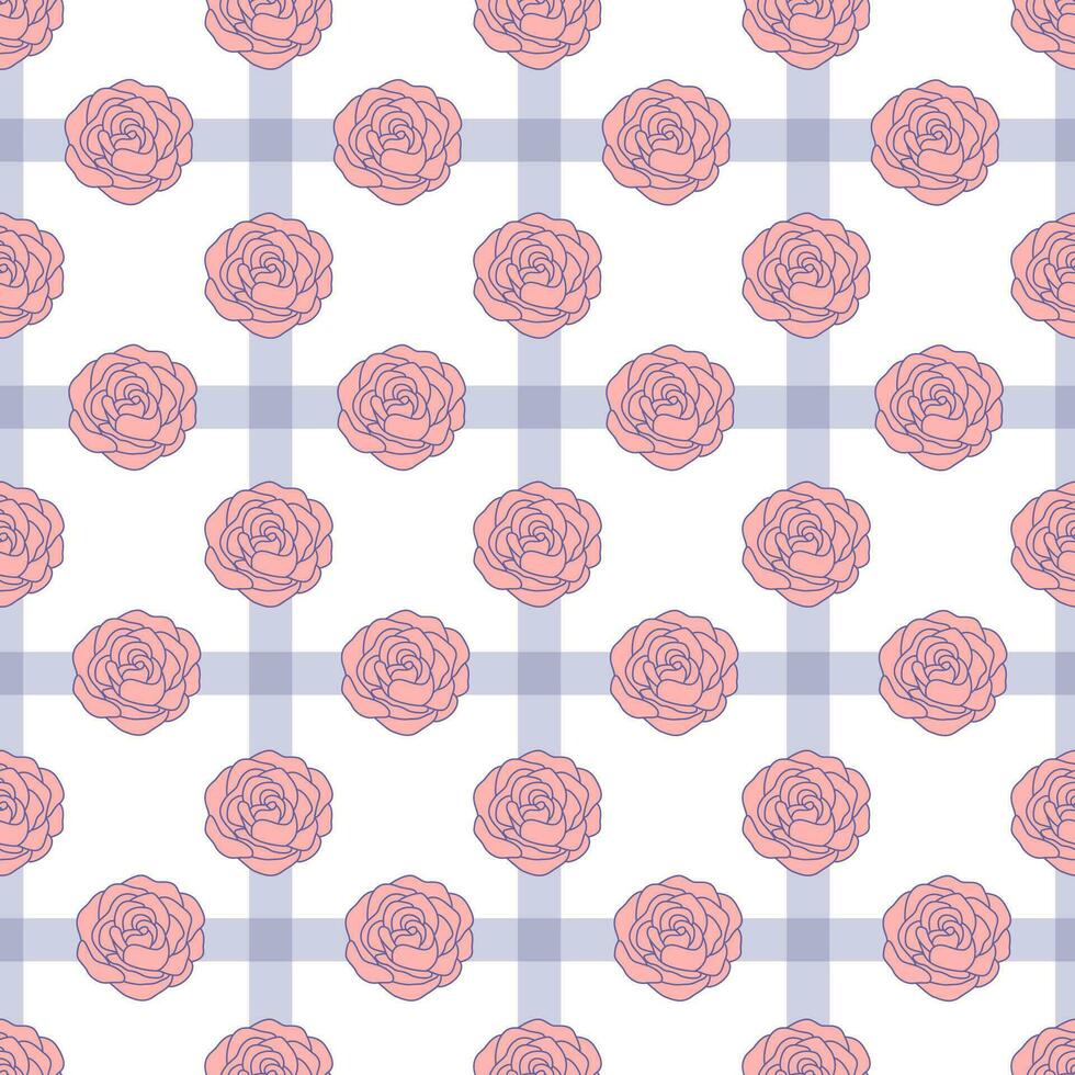 Seamless pattern with roses line art on the fabric texture background vector