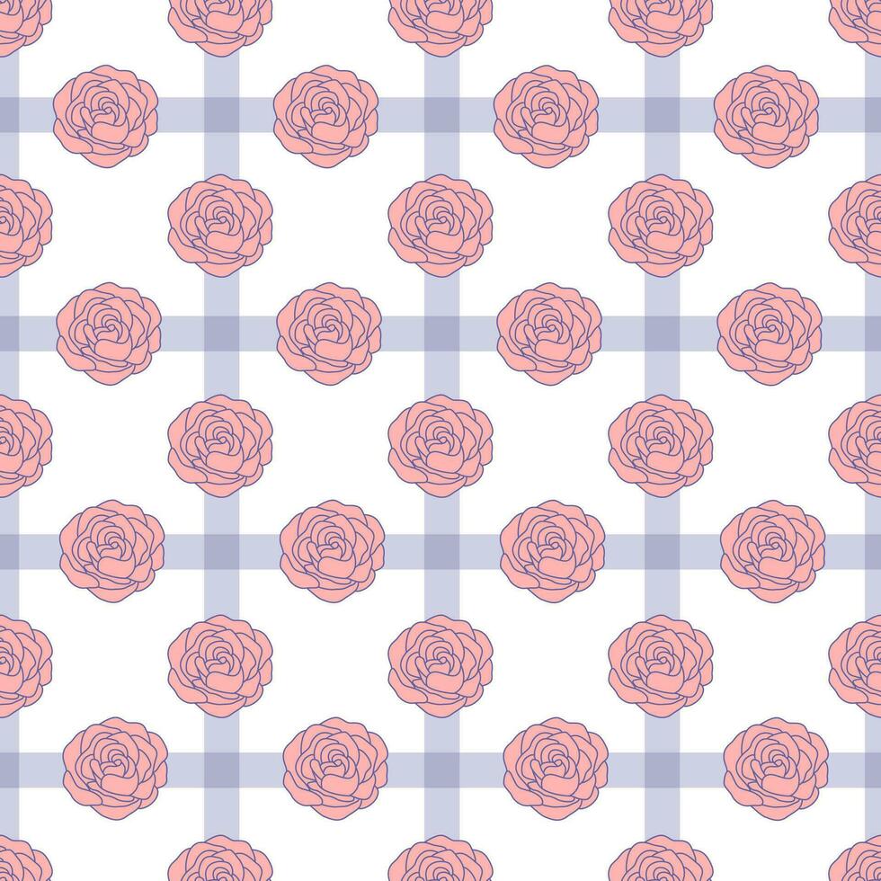 Seamless pattern with roses line art on the fabric texture background vector