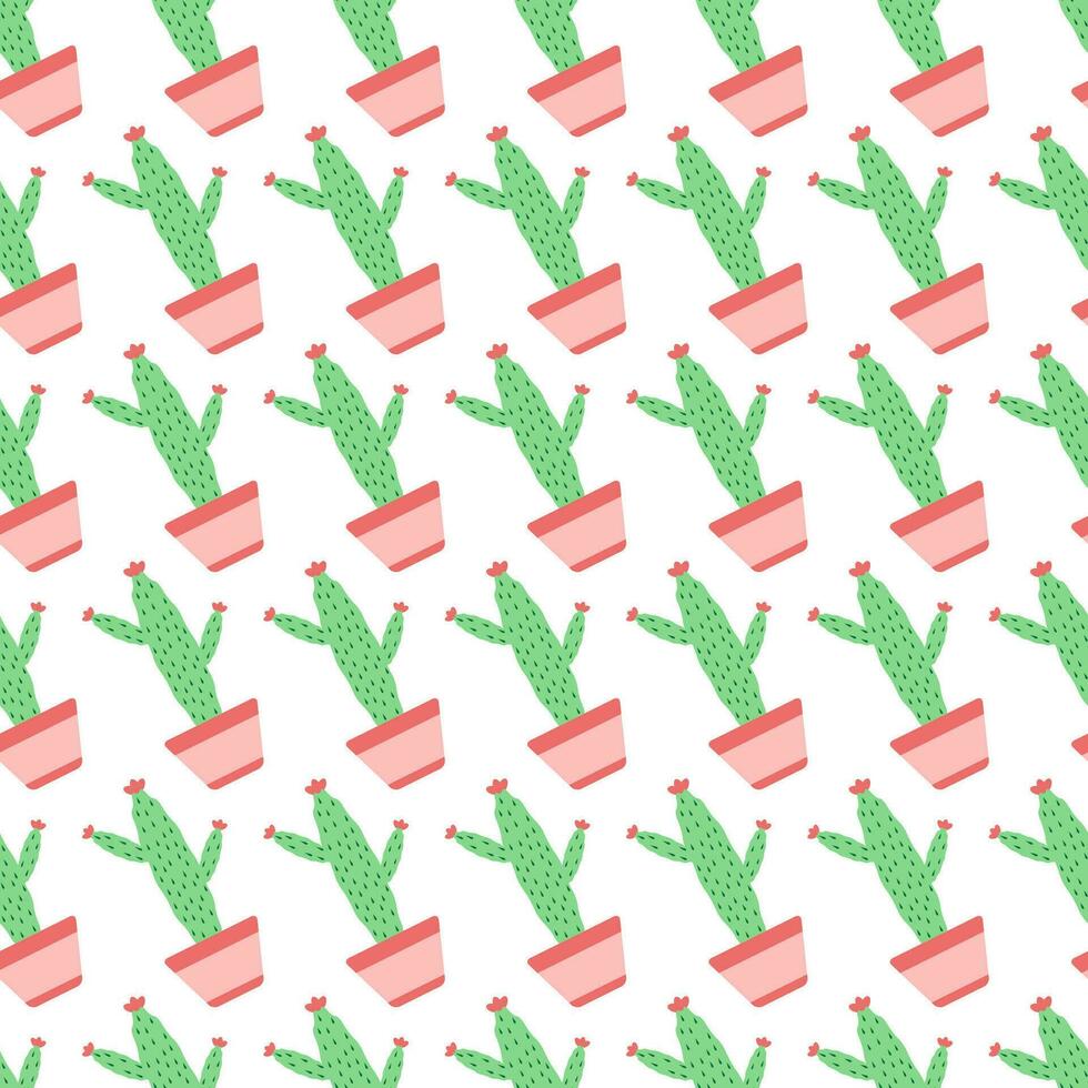Seamless pattern with pink and green potted cactus vector illustration