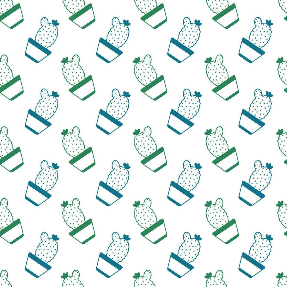 Blue and green potted cactus doodle seamless pattern on white background vector