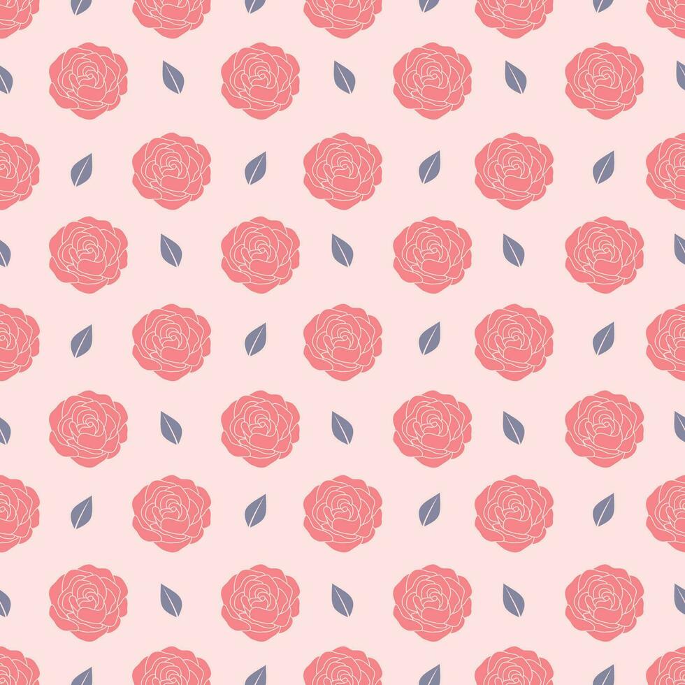 Seamless pattern with pink color roses and leaves background. Floral repeat pattern vector illustration