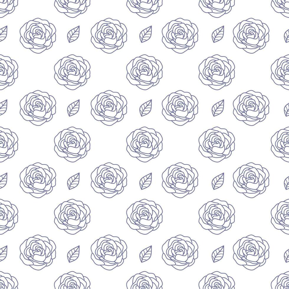 Seamless pattern with blooming rose and leaf outline style on the white background vector