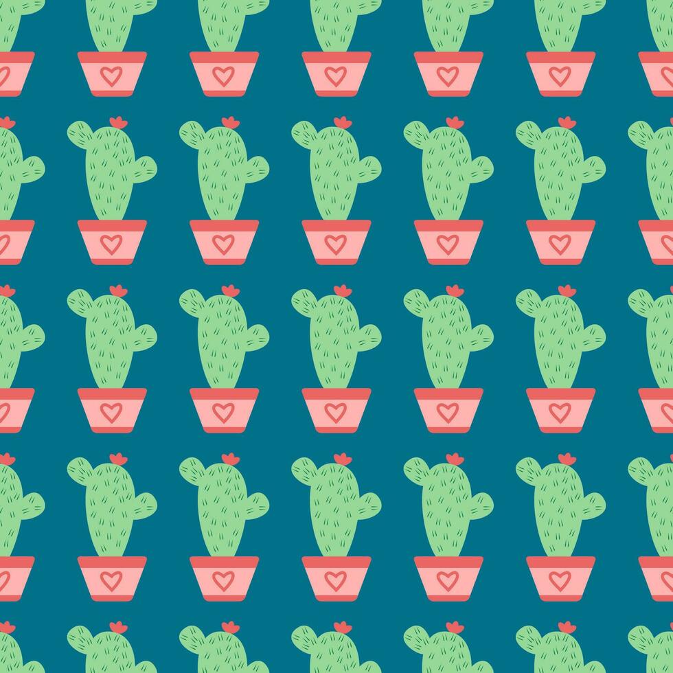 Seamless pattern with pink and green potted cactus on blue background vector illustration