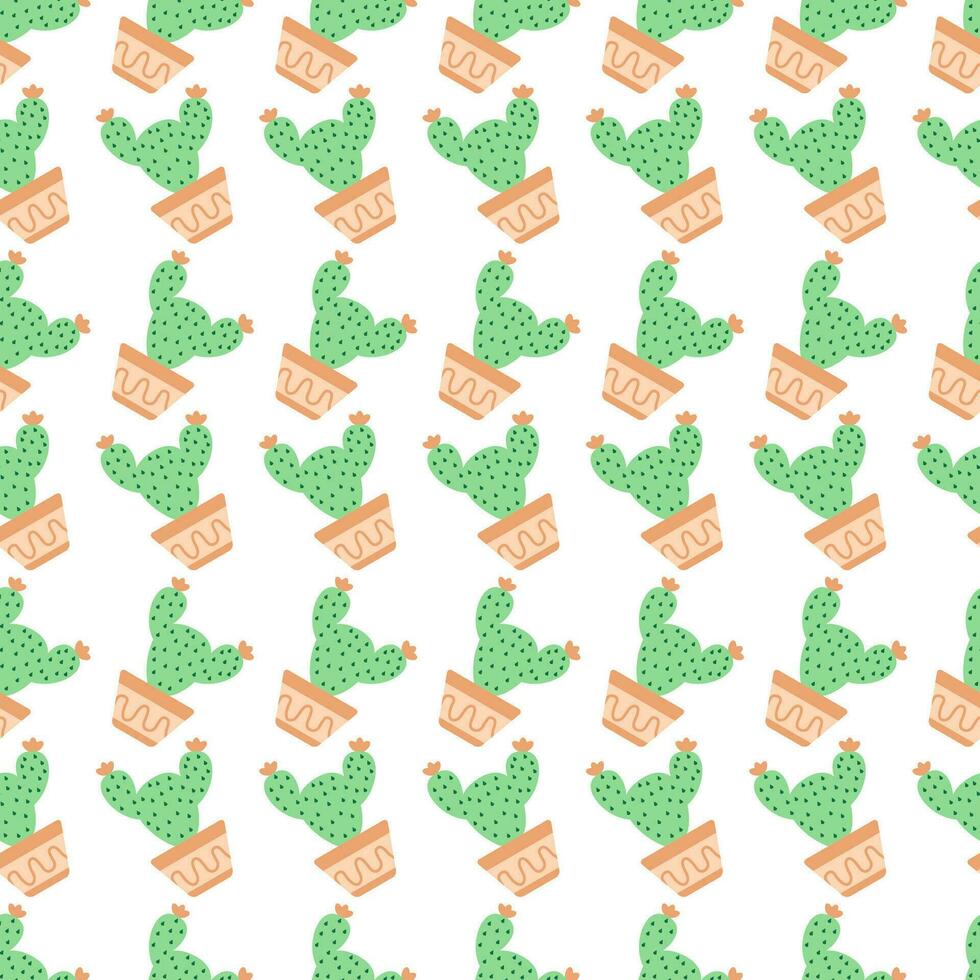 Seamless pattern with potted cactus on white background. Cute repeat cacti pattern vector illustration