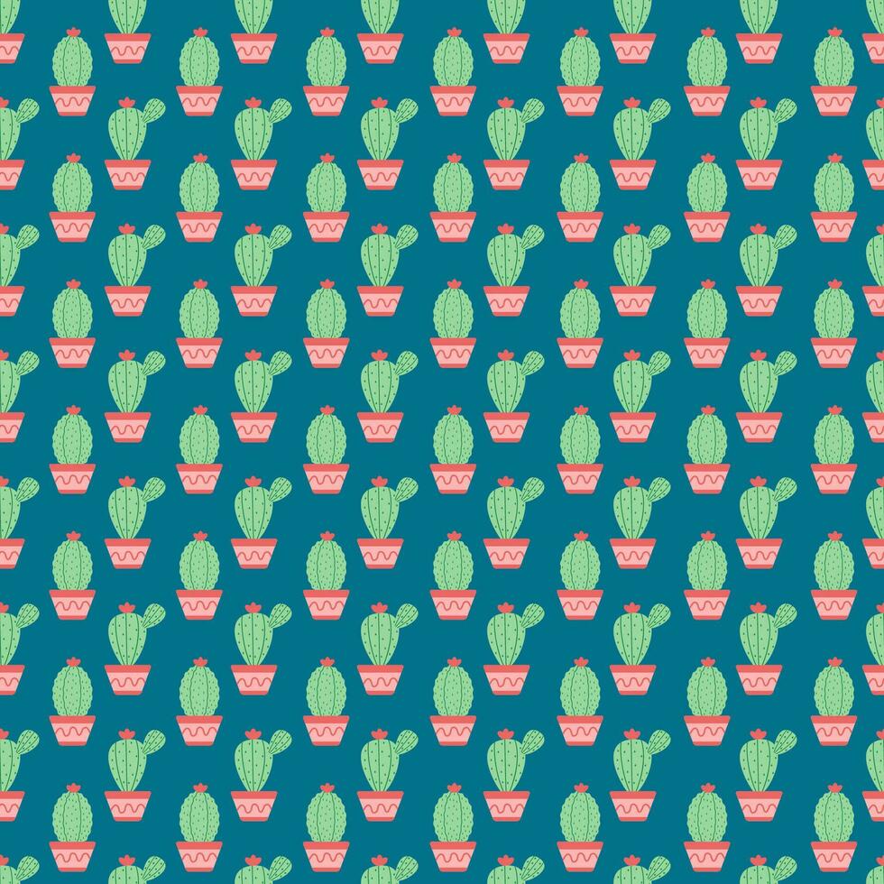 Seamless pattern with potted cactus on blue background vector illustration