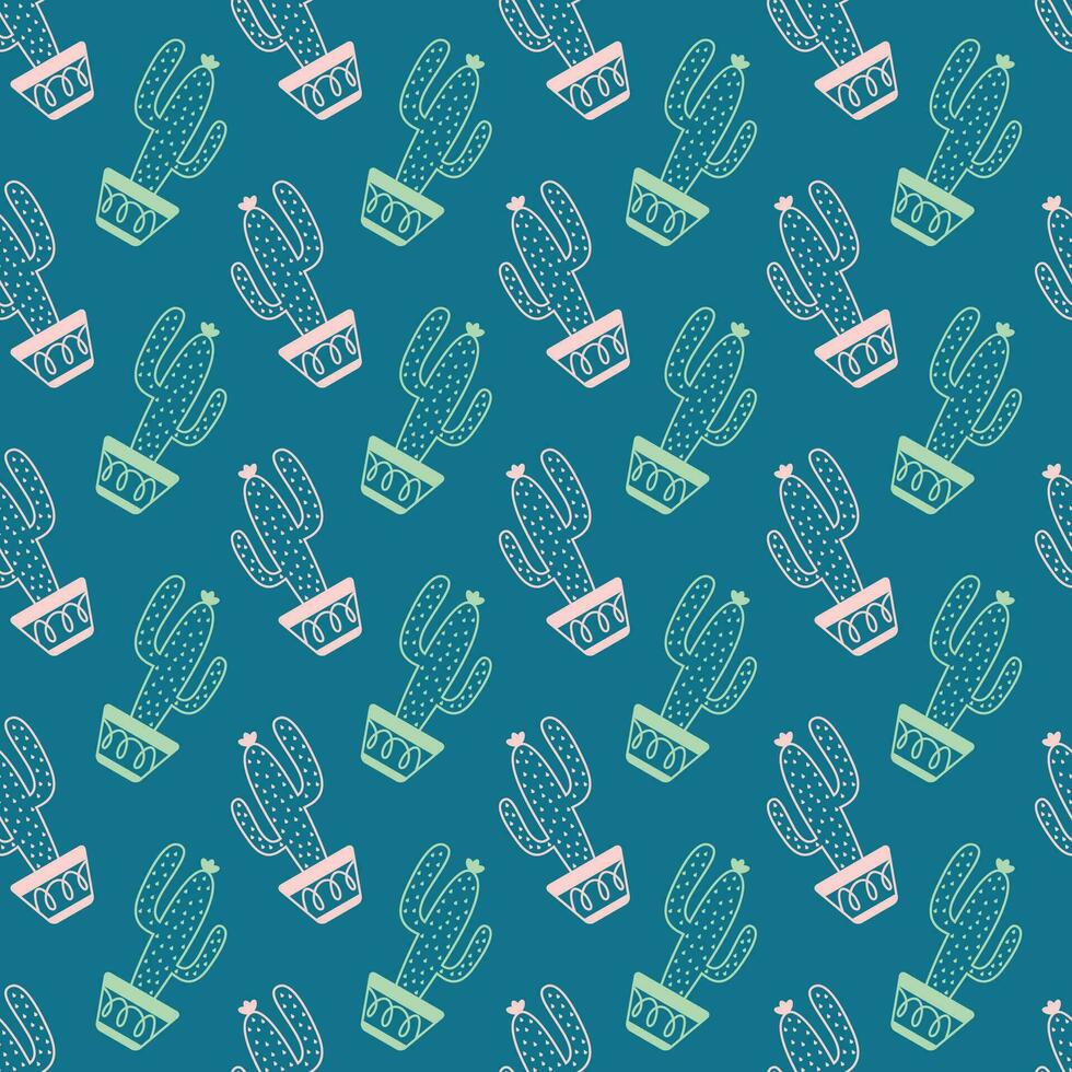 Hand drawn potted cactus seamless pattern on blue background vector
