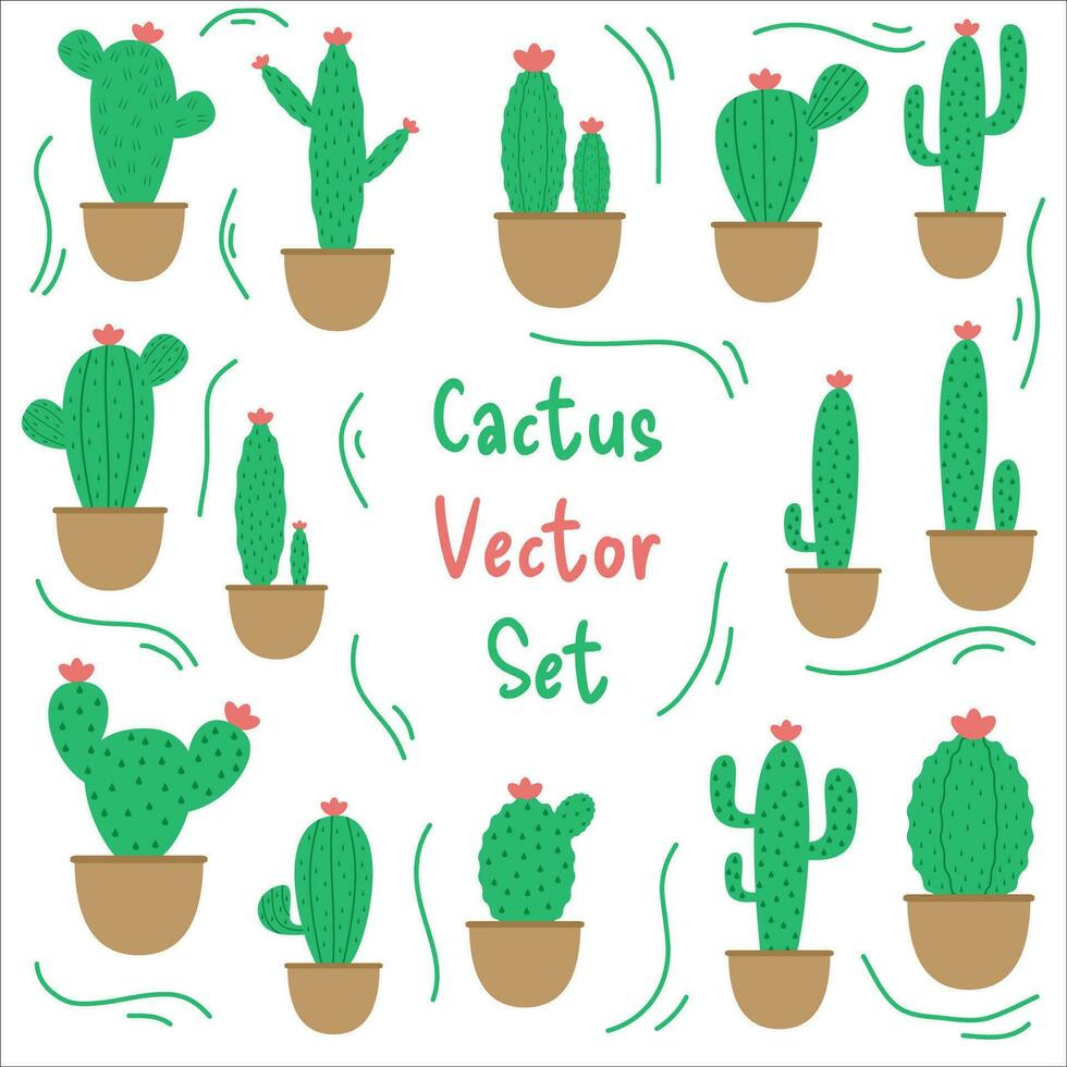 Cactus doodle set vector. Cacti houseplant on white background vector